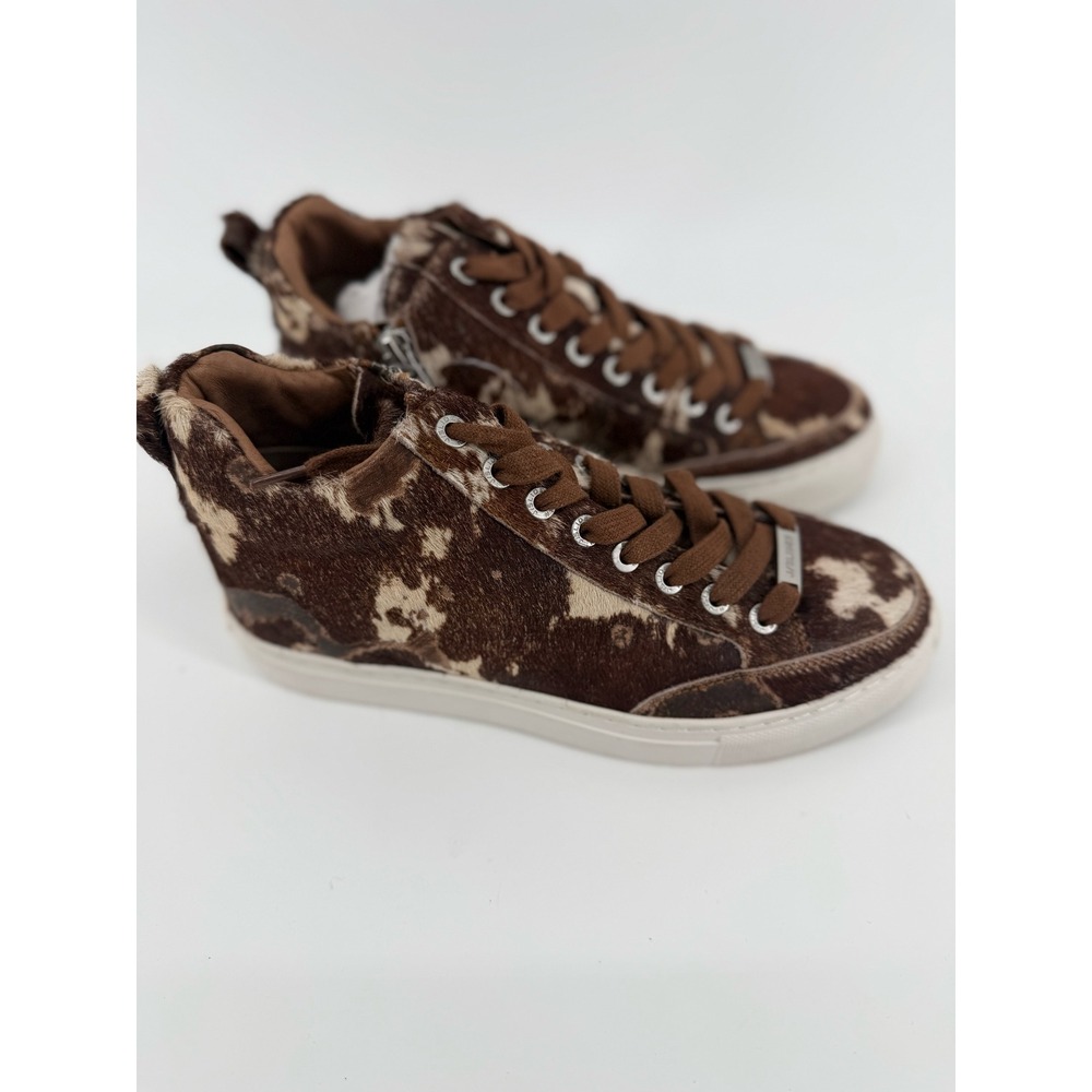 J/Slides Womens Cow Print Calf Hair High Top Sneakers Brown Leather Studded Zip